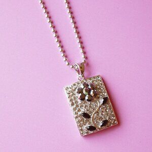 Vintage 1990s Silver Rhinestone Flower Pendant Necklace on Ball Chain